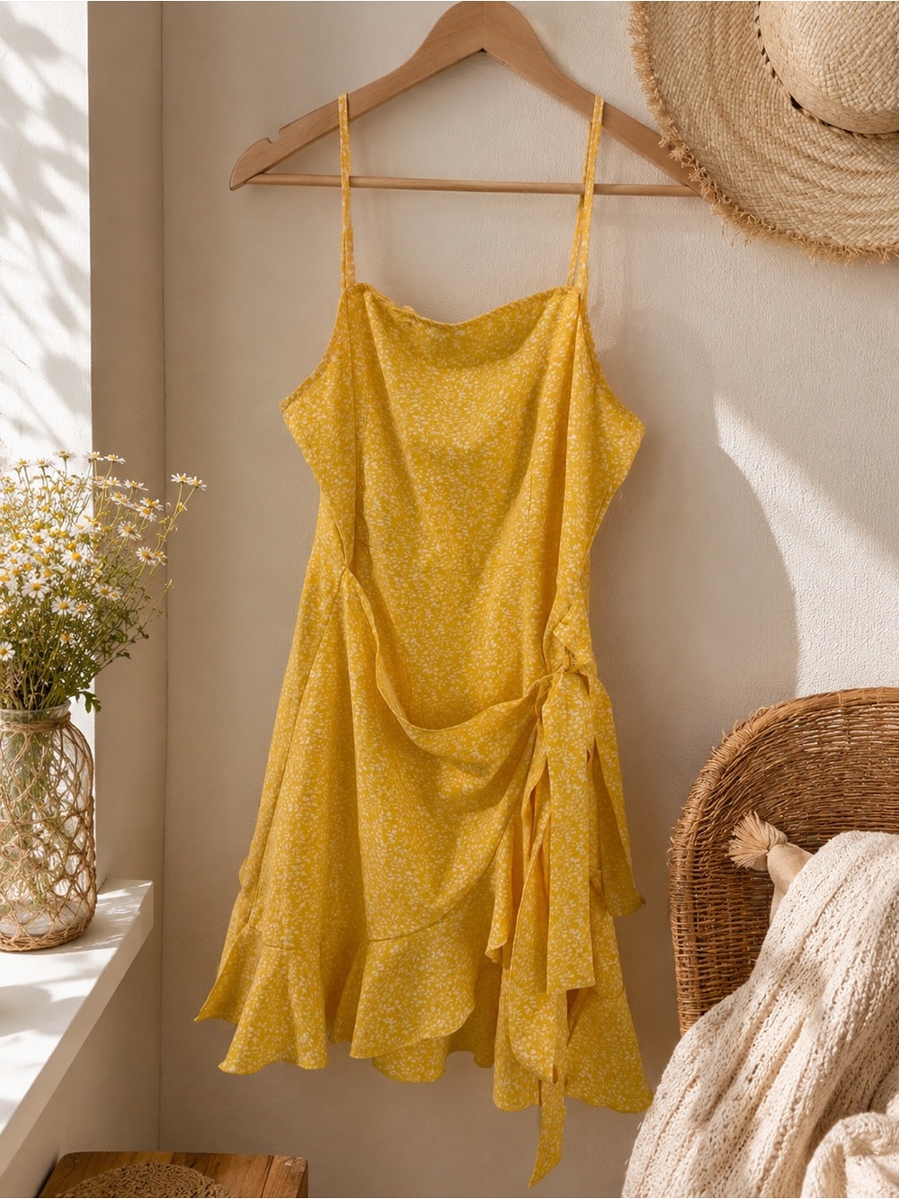 SHEIN Yellow Floral Tie-Waist Spaghetti Strap Mini Dress